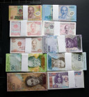 WORLD. Large stock of 64 different banknotes, in different quantities, all modern issues, uncirculated (some with the original seal of the printing fa...