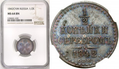 Collection of russian coins
RUSSIA / RUSSLAND / РОССИЯ

Rosja. Nicholas I. 1/2 Kopek (kopeck) srebrem 1842 СПМ, Iżorsk NGC MS64 BN (MAX) - PIĘKNA ...