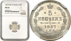 Collection of russian coins
RUSSIA / RUSSLAND / РОССИЯ

Rosja, Alexander II. 5 Kopek (kopeck) 1867 СПБ-HI, Petersburg NGC MS64 

Obustronny blask...