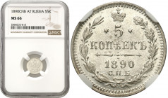 Collection of russian coins
RUSSIA / RUSSLAND / РОССИЯ

Rosja, Alexander III. 5 Kopek (kopeck) 1890 СПБ-АГ, Petersburg NGC MS66 

Wyśmienicie zac...