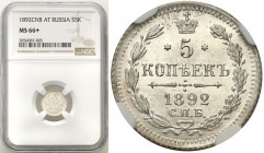 Collection of russian coins
RUSSIA / RUSSLAND / РОССИЯ

Rosja, Alexander III. 5 Kopek (kopeck) 1892 СПБ-АГ, Petersburg NGC MS66+ 

Idealnie zacho...