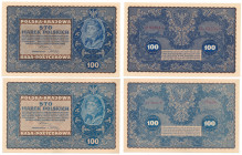Polish Banknotes 1916-1948
POLSKA/ POLAND/ POLEN / PAPER MONEY / BANKNOT

100 marek polskich 1919, series IA-W i ID-J, set 2 pieces 

Pięknie zac...