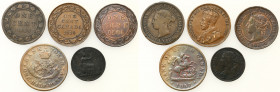 Canada
WORLD COINS

Canada. 1 cent 1888, 1901, 1918, 1/2 penny 1857, farthing 1875, set of 5 coins 

Różne nominały i daty. Patyna.

Details: C...