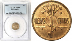 Lithuania
WORLD COINS

Lithuania. 1 centas (centai) 1925 PCGS MS66 (2 MAX)

Menniczy egzemplarz.Druga najwyższa nota gradingowa na świecie w PCGS...