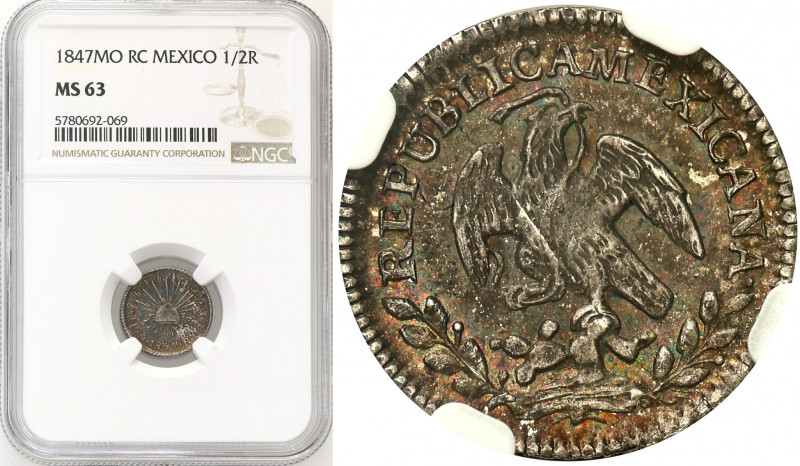 Mexico
WORLD COINS

Mexico. 1/2 real 1847-Mo RC NGC MS63 - BEAUTIFUL 

Wspa...