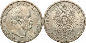 Germany
WORLD COINS

Germany (Deutschland), Prussia. 5 brands 1875 B, Hanover 

Patyna.AKS 114; Jaeger 97

Details: 27,57 g Ag 
Condition: 3 (...