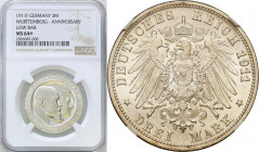 Germany
WORLD COINS

Germany (Deutschland), Wrttemberg. 3 brands (mark) 1911 F, Stuttgart NGC MS64 + 

Wybite na 25 rocznicę zaślubin Wilhelma II...