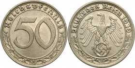 Germany
WORLD COINS

Germany (Deutschland) III Reich. 50 pfennigs 1939 F, Stuttgart 

Bardzo ładnie zachowane. Ciekawszy typ monety.AKS 42; Jaege...