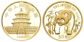 CHINA und Südostasien China Volksrepublik, seit 1949
50 Yuan GOLD 1986. Panda zwischen Bambuspflanzen. 1/2 Unze Feingold.Stempelglanz Ohne Plastik