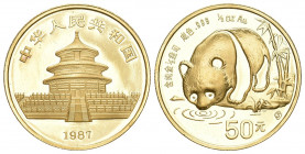 CHINA und Südostasien China Volksrepublik, seit 1949
50 Yuan 1/2 Unze GOLD 1987 S (Shanghai). Panda an Gewässer.Stempelglanz Ohne Plastik