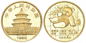 CHINA und Südostasien China Volksrepublik, seit 1949
50 Yuan GOLD 1989. Panda mit Bambuszweig. 1/2 Unze Feingold. Small Date.Stempelglanz Ohne Plastik...