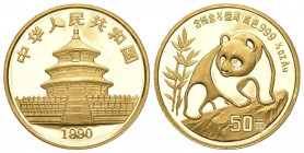 CHINA und Südostasien China Volksrepublik, seit 1949
50 Yuan Panda GOLD 1990. Panda auf Felsen. 1/2 Unze Feingold. Large Date.Stempelglanz ohne Plast...