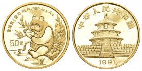 CHINA und Südostasien China Volksrepublik, seit 1949
50 Yuan GOLD 1991. Panda mit Bambuszweig an Gewässer sitzend. 1/2 Unze Feingold. Large Date.fast ...