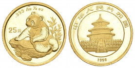 CHINA und Südostasien China Volksrepublik, seit 1949
25 Yuan GOLD 1998. Panda auf Felsen beim Auswählen von Zweigen. 1/4 Unze Feingold, Large Date.fas...