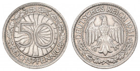 DEUTSCHLAND NACH 1871 Kaiserreich Weimarer Republik 1919-1933
(D) 50 Reichspfennig 1931 G J:324 R Nickel KM 49 vorzüglich