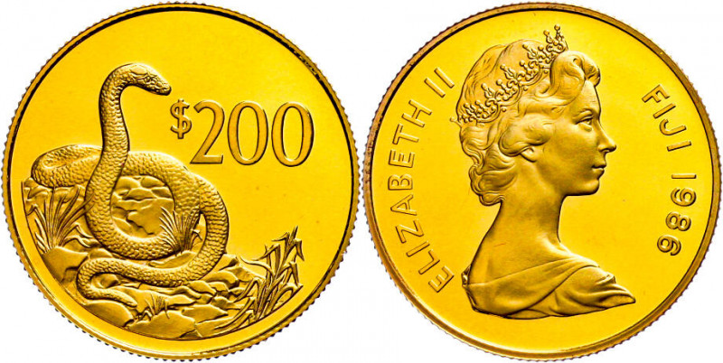 Fiji 200 Dollars, Gold, 1986, Ogmodon (Fidschi-Schlange), KM 56 NGC PF 69 ULTRA ...