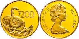 Fiji 200 Dollars, Gold, 1986, Ogmodon (Fidschi-Schlange), KM 56 NGC PF 69 ULTRA CAMEO