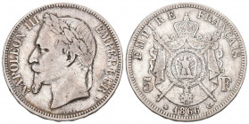Frankreich 1866 5 Francs Silber MZZ: Paris 38`000 Stück KM 799,1 sehr schön