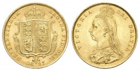 UNITED KINGDOM
Victoria, 1837-1901.
1/2 Sovereign 1887. Jubilee bust. 4.01 g. Spink 3869. Fr. 393, K./M. 766, GOLD. Nice piece. Extremely fine / Uncir...