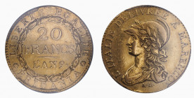 ITALY Piedmont Subalpine Republic, 1800-1801. 20 Francs An 9 (1800) . Fr. 1172, KM C.5. AU 6.40 g AU CLEANED
