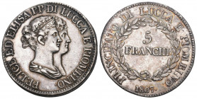 ITALIEN Lucca Elisa Bonaparte e Felice Baiocchi, 1805-1814. 5 Franchi 1807. 24,76 g. Pag. 253. Dav. 203. vorzüglich