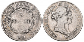 ITALIEN Lucca Elisa Bonaparte e Felice Baiocchi, 1805-1814. 5 Franchi 1808. 24,86 g. Pag. 254. Dav. 203.sehr schön