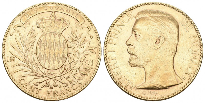 MONACO
Albert I. 1889-1922. 100 Francs 1891. 32,25 g. Gad. 124. Schl. 8. Fr. 13....