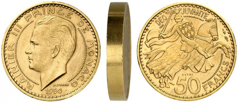 MONACO. Rainier III. 1949-2005. 50 Francs 1950, Paris. Probe (Essai) in Gold. 25...