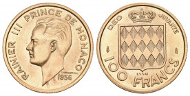 MONACO
Rainier III. 1949-2005. Probe 100 Francs 1956. 11,60 g. Gad. 143. Schl. 31. Fr. 31. FDC