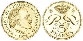MONACO Rainier III. 1949-2005. Probe 5 Francs Nur 250 Stück geprägt 1974. 19.69 g. Gadoury 153. Fast FDC aus Polierter Platte.