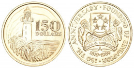 SINGAPUR.
150 Dollar 1969 (24,91 g), 150-Jahrfeier der Gründung, Fr. 1, KM 7 Gold FDC