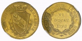 Bern 6 Dukaten 1796. Gekröntes Wappen. Rv. Wertangabe und Jahreszahl in Lorbeerkranz. 20,73 g. D.T. 468. HMZ 2-207f. Sehr selten. Prachtvolle Erhaltun...