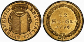 Luzern. Stadt und Kanton.
12 Münzgulden (Duplone) 1794, Luzern. Bekrönter und mit Girlanden behangener Luzerner Wappenschild. Rv. Wertbezeichnung mit...