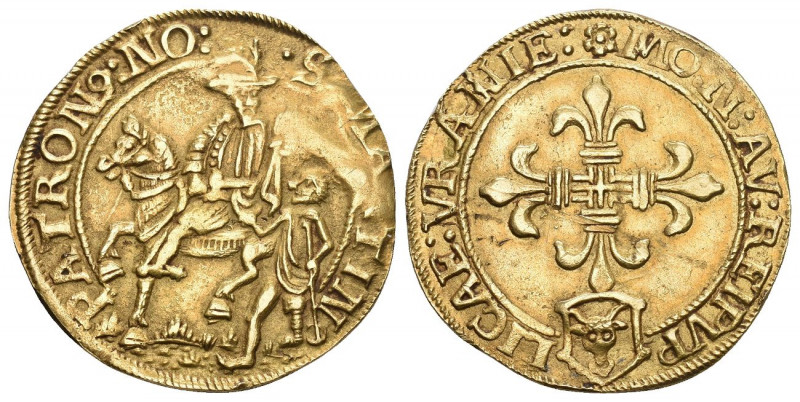 URI. Pistole o. J. (1635). Grosses Lilienkreuz, umgeben von einem Schnurkreis, u...