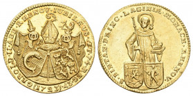 Zürich. Rheinau, Abtei.
Gerold von Zurlauben, 1697-1735. Dukat 1723. Auf das goldene Priesterjubiläum des Abtes Gerold II. Zurlauben. Stifts- und Fam...