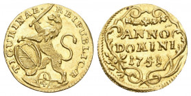ZÜRICH, KANTON 1/4 Dukat 1751 über 1748. Löwe mit Schwert und Stadtschild nach links // Wertangabe. HMZ 2-1163bb, Fr. 466. 0.89 g.
Gold. Sehr selten i...