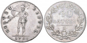 Helvetische Republik. 40 Batzen 1798 S, Solothurn. Stehender Krieger mit dem Kopf nach links. Rv. Wertangabe und Münzzeichen in einem Eichenlaubkranz....