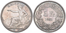 Eidgenossenschaft. 5 Franken 1851 A, Paris. Divo 12. HMZ 2-1197b. Prachtexemplar vorzüglich +