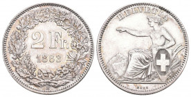 Schweiz 1863 2 Franken Silber 10g Prachtexemplar bis unzirkuliert