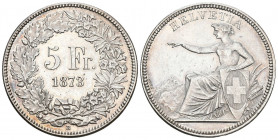 Schweiz 5 Franken 1873 B, Bern. HELVETIA. Sitzende Helvetia nach links, die Linke auf den Schweizerschild gelegt, die Rechte über eine Gebirgslandscha...