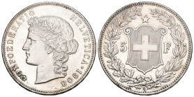 Schweiz 1908 5 Franken Silber 25g selten vorzüglich bis unzirkuliert