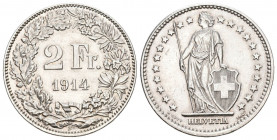 Eidgenossenschaft. 2 Franken 1914 B, Bern. Divo 274. HMZ 2-1202q vorzüglich bis unzirkuliert