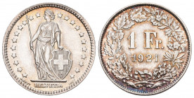 Eidgenossenschaft. 1 Franken 1921 B, Bern. 4.98 g. Divo 342. HMZ 2-1204aa. Äusserst seltene Erhaltung FDC Patina