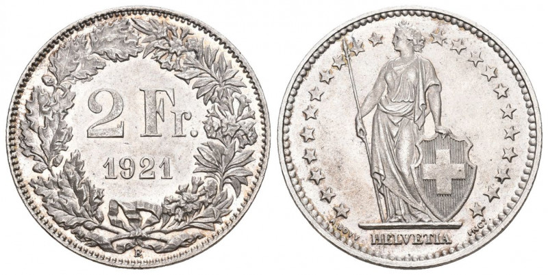 Eidgenossenschaft. 2 Franken 1921 B, Bern. 9.97 g. Divo 341. HMZ 2-1202w. FDC / ...