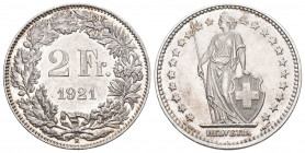 Eidgenossenschaft. 2 Franken 1921 B, Bern. 9.97 g. Divo 341. HMZ 2-1202w. FDC / Uncirculated.