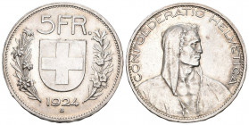 Eidgenossenschaft. 5 Franken 1924 B, Bern. Divo 355. HMZ 2-1199d vorzüglich bis unzirkuliert
