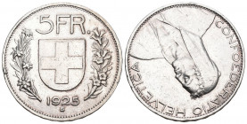 Schweiz 1925 5 Franken ca. 20 Grad verschoben Silber 25g selten vorzüglich minimaler RF