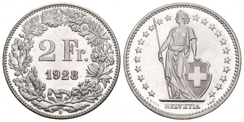 Schweiz Proben 2 Franken 1928. Prägung in Nickel . Stehende Helvetia mit Schweiz...