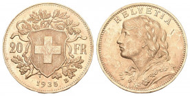 Schweiz 1935 L ohne B 20 Franken Vreneli Gold 6,45g vorzüglich