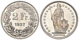 Eidgenossenschaft. Proben. 2 Franken 1937 B, Bern. Prägung in Kupfer-Nickel mit glattem Rand. 8.80 g. Richter (Proben) 2-162 von aller grössten Selten...